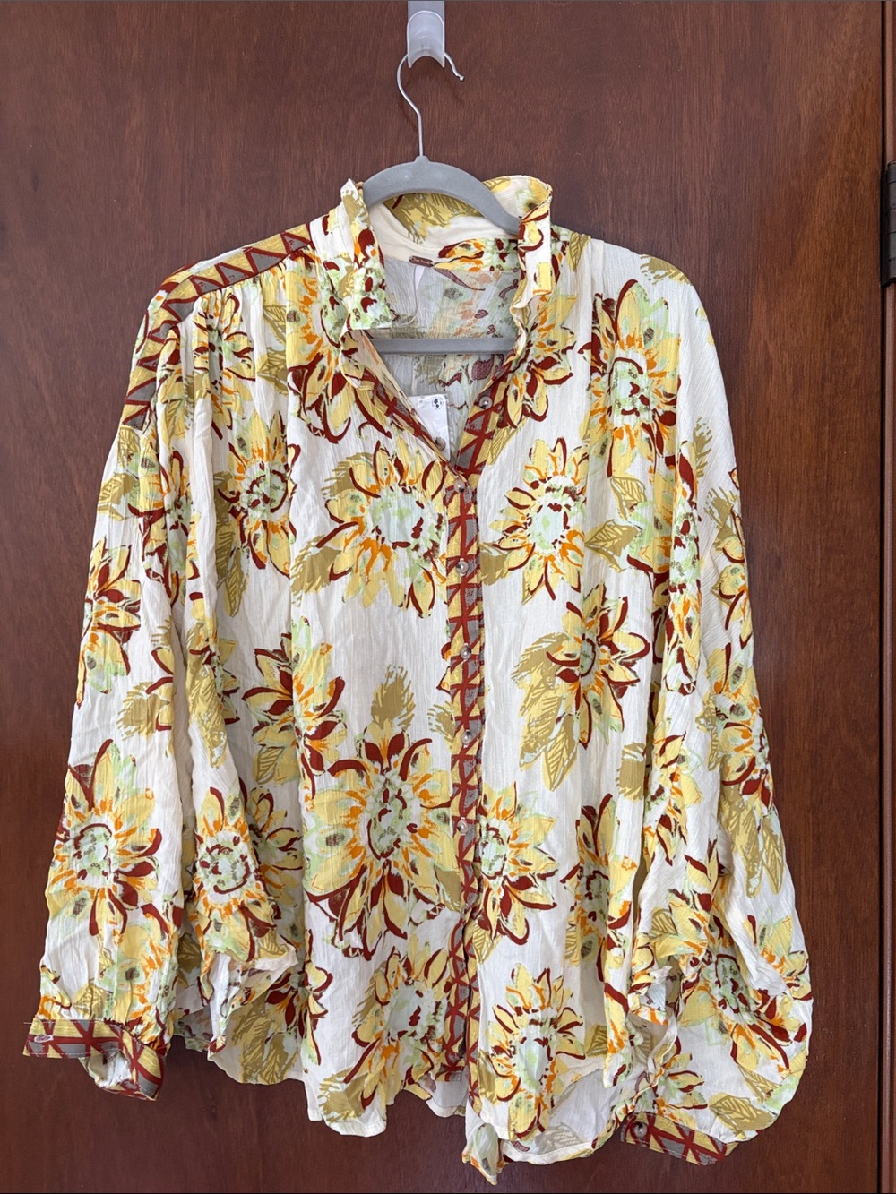 Free people Floral Ruffle-Trim Button Front Blouse - Yellow/White
